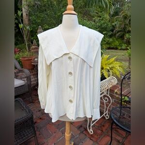 Women’s expose vintage Cream Button-Front Blouse with Wide Sailor Collar L